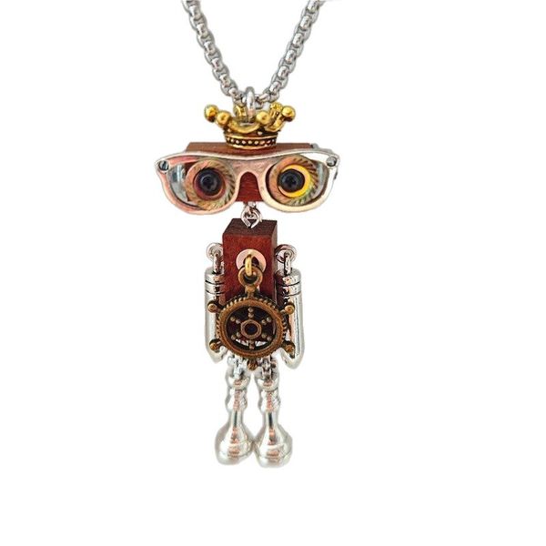 Handmade Steampunk Crown Robot Necklace - Wooden Mecha Pendant, Niche