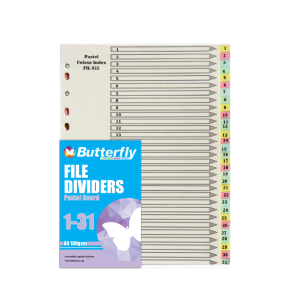Butterfly A4 File Dividers Pastel Board - 31 Tab 1-31 (Pack Of 5)