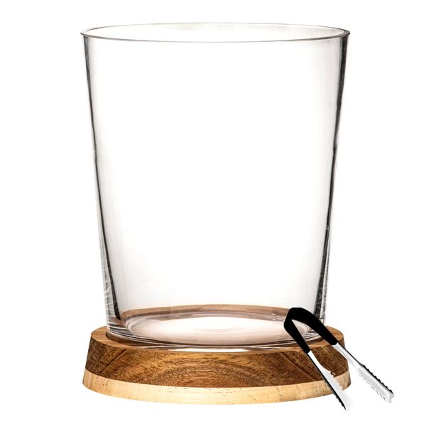 Modern High Quality Glass Ice Bucket with wooden tray and Ice Tongs