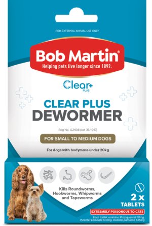 BOB MARTIN Clear+ Dewormer Tablets for Small &amp; Medium Dogs 2's