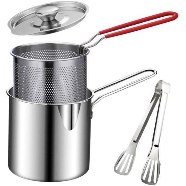 Portable Stainless Steel Deep Fryer Pot with Strainer Basket, Lid and Tong