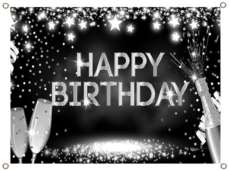 Happy Birthday Banner PVC Silver and Black with Stars 1.3MX900MM