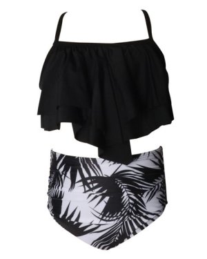 Olive Tree - Girls Ruffled Flounce Leafy Bikini Swimsuit - Black