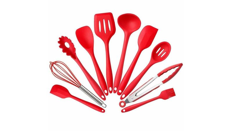 10-Piece Silicone Kitchen Cooking Utensils Set, Red.