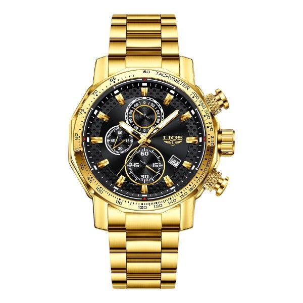 LIGE - 3ATM Waterproof Mens Watch With Stainless Steel Strap - Gold