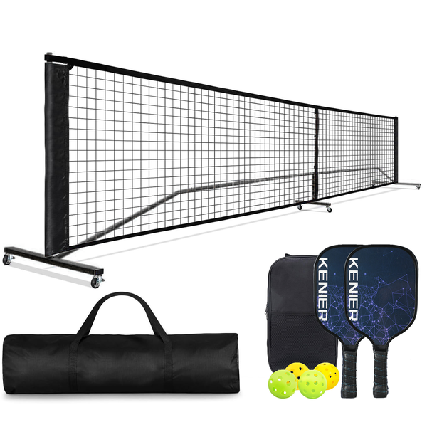 Portable PickleBall Net Kit - w/ Wheels,Carry Bag, Wooden Pickleball Paddle