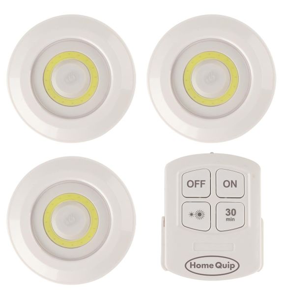 Home Quip 3 Pack COB LED Round Lights - Remote + 11 X AAA Batteries Incl