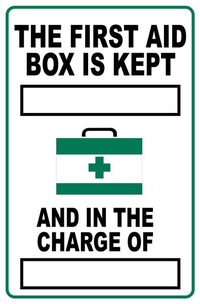 The First Aid Box Is Kept And In The Charge Of 30x40cm Sign.