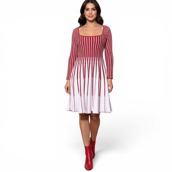 GlammeFab Square Neck Contrast Striped Long Sleeve Woolen Dress