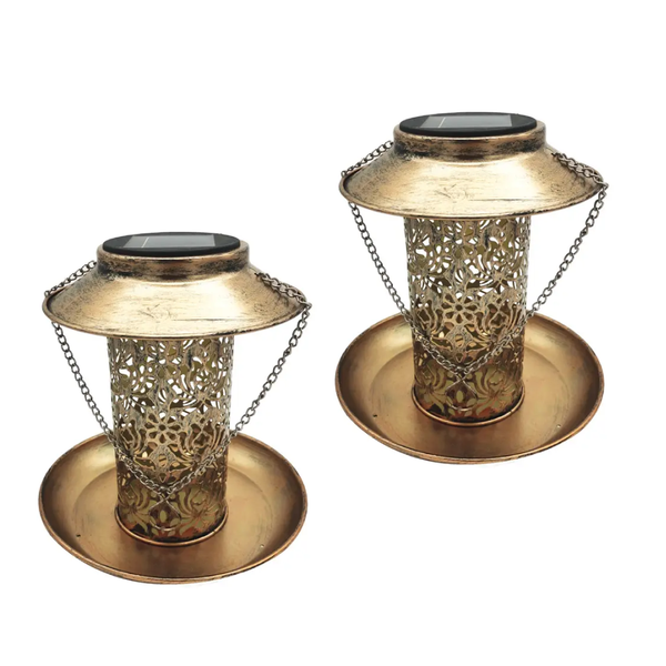 2-Pack Vintage LED Solar Bird Feeder - Metal Outdoor Hanging Light Bundle