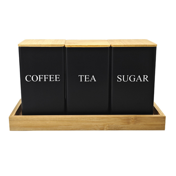 Bestby -3-Pcs Canister Set ,Tea, Coffee, Sugar Jars with Bamboo Lid &amp; Tray