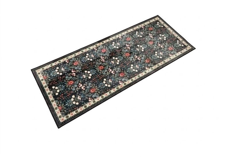 Traditional Crimson Floral Floor Runner Rug - Charcoal Black