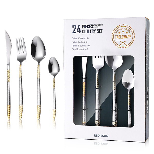 24 Piece Premium Gold Stainless Steel Cutlery Flatware Set Knife Fork Spoon