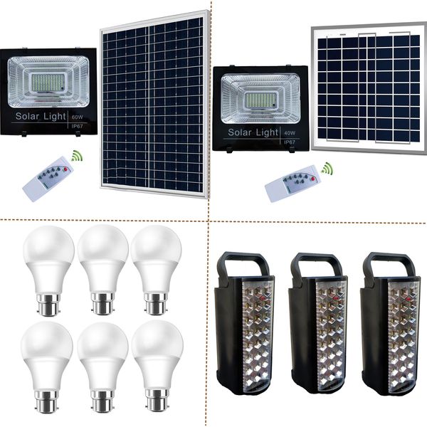 Emergency Led Pack :2 x Flood Light (With Solar Panel) + 6 x Bulbs + 3 x Lanterns