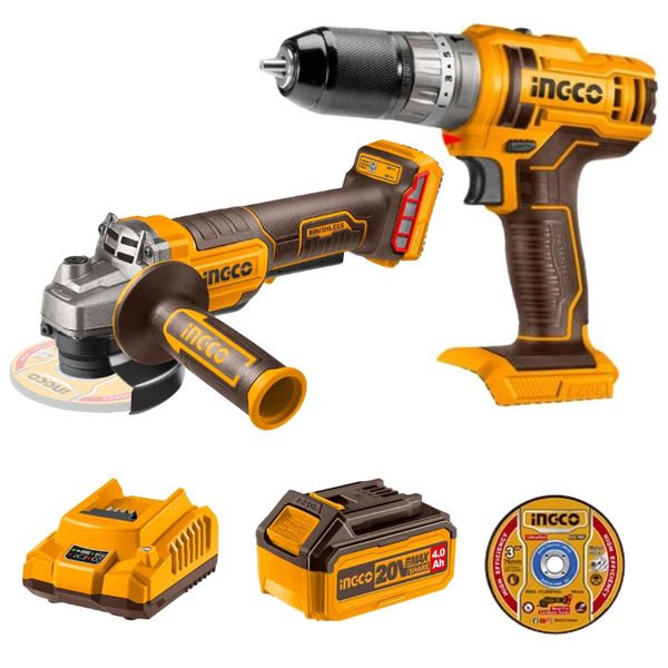 Ingco - Cordless Impact Drill &amp; Angle Grinder with 4.0Ah Battery &amp; Charger