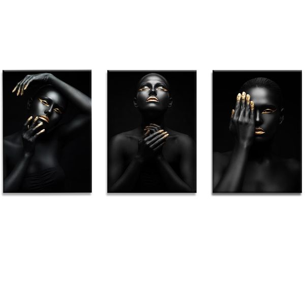 Canvas-Art- 3 Pieces BLack &amp; Gold Painted Woman Decorative Wall Art