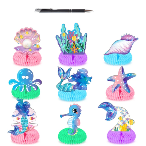 9 Piece Mermaid Honeycomb Table Decor Set With Added Pen