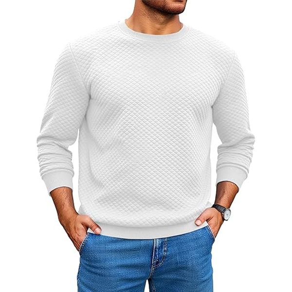 Cardigans Crewneck Sweater Pullover Waffle Knit Long Sleeve For Man White