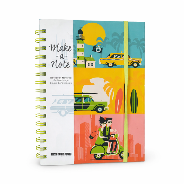 Spiral Notebook with Elastic Closure -224 Lined Pages Travel Design Journal