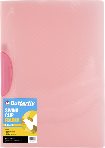 Butterfly A4 Swing Clip Folders - 540 Micron - Pink - Pack Of 5