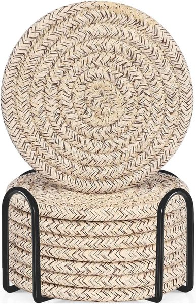 Drink Coasters, Cotton Woven Absorbent Coasters with Holder, 8-Pack