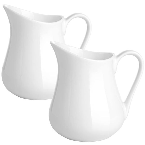 2Pack Classic White Ceramic Creamer Pitcher with Handle Fine Porcelain Jug