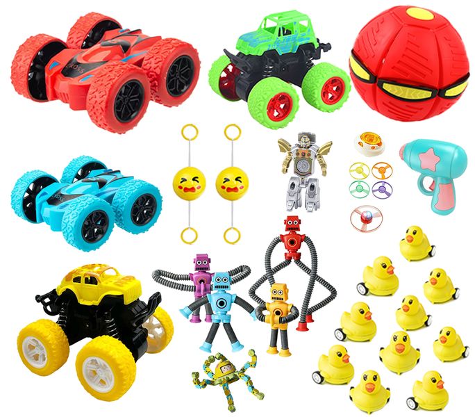 Toy cars, spinning tops, flying discs, and magic balls - a great gift set!