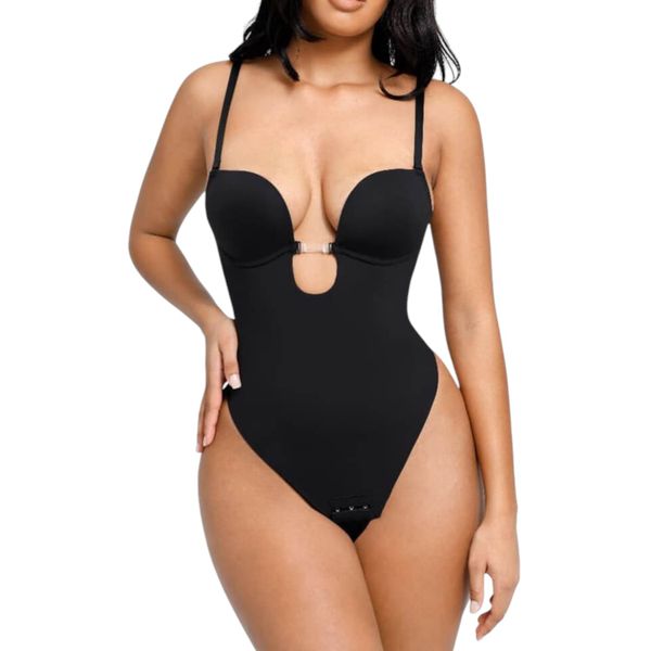 Pear Shapewear Sculpting Plunge Low Back Thong Shapewear Bodysuit