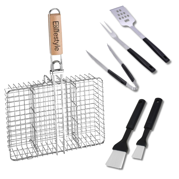 Steel Braai Grid Set - Braai Grill, Tongs, Spatula, Braai Fork and Brushes