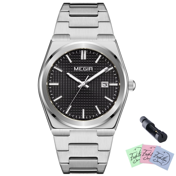 Megir - Men Formal Stainless Steel Strap Analogue Watch - Silver Black