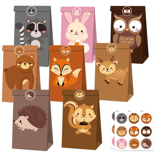 Party Favor Bags with Stickers - Woodland Animal Theme (24 Bags)