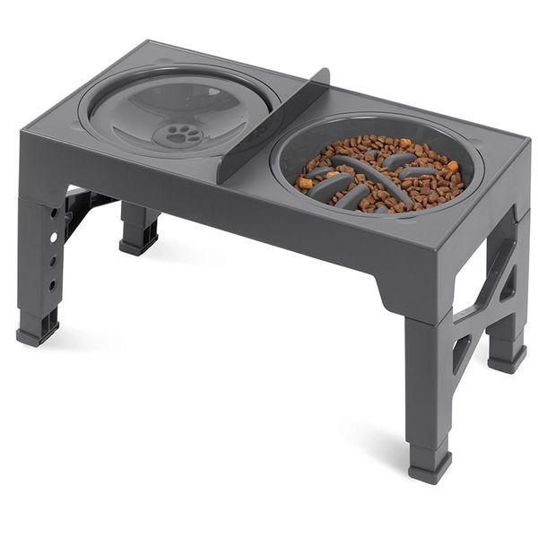 Dog Bowl Slow Feeder 2 Bowls Stand Feeder Raised Elevated Height Adjustable