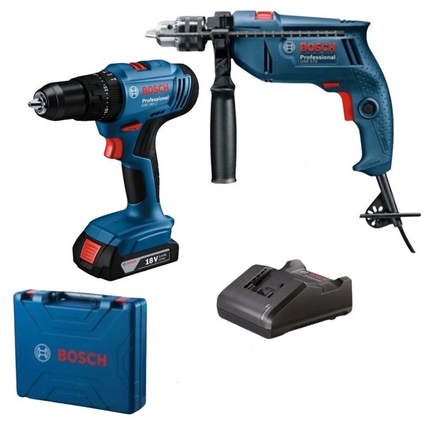 Bosch - Corded Impact Drill &amp; Cordless Drill with 2.0Ah Battery and Charger