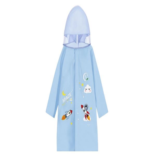 Kids Blue Hooded Raincoat with Space Rocket Print - Waterproof