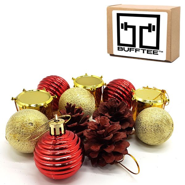 Bufftee Small Christmas Baubles Mini Drums &amp; Pine Cones - 12 Pc Red Gold