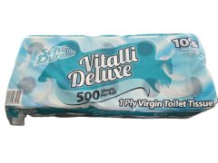 Vitalli Deluxe 1 Ply Toilet Rolls - 10 Pack - 500 Sheets Per Roll