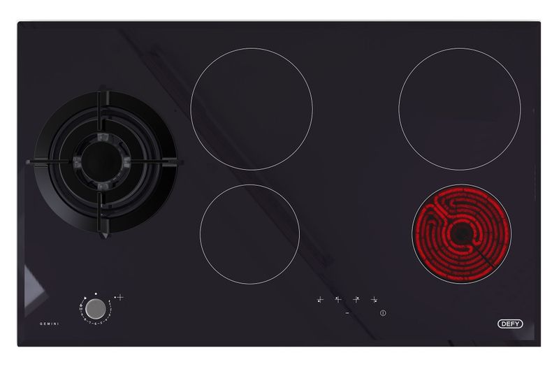 Defy DHG901 Gemini Dual Fuel Hob with 1Wok + 4Ceran Plates - Black Glass
