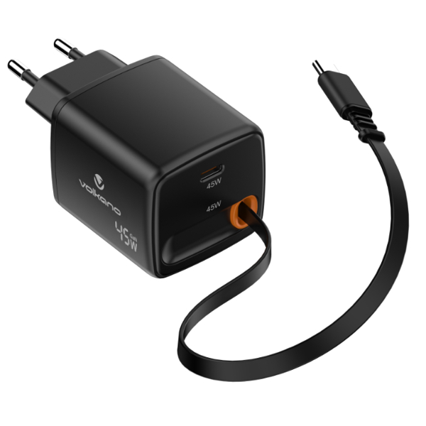 Volkano Sleek Series Fast Wall Charger Certified 45W USB-C-Built-in Cables