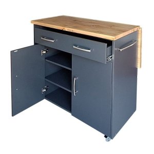 Large Kitchen Island on Wheels with Fold-Out Table &amp; Shelves - Midnight