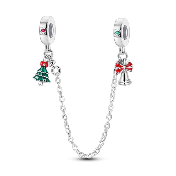 Festive Safety Chain S925 Charm with Christmas Tree &amp; Christmas Bells