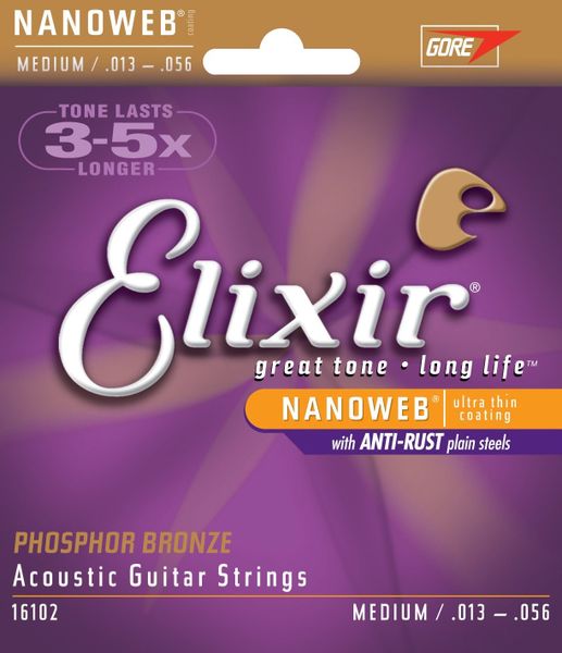 Elixir 16102 Nanoweb Phosphor Bronze Medium Acoustic Guitar Strings (13-56)