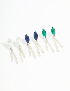 Lovisa Silver Diamante Marquise Double Cupchain Drop Earrings 3-Pack