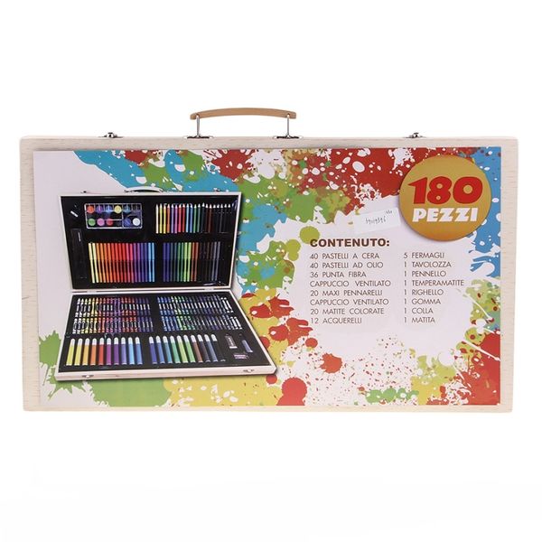 180 Piece Kids Wooden Art Box Drawing Kit