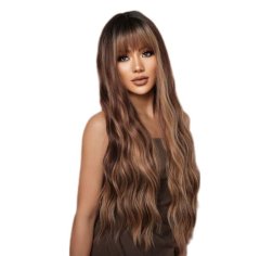 Synthetic 30Inch Wavy Wig with Fringe – Brown with Highlights
