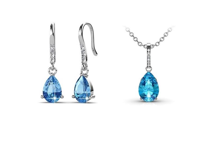 Destiny Anne Aquamarine Drop Earring &amp; Necklace Set with Swarovski Crystals - Silver