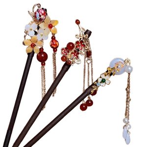 Artisan Floral Wooden Hairpin Set - 3-Piece Red, White &amp; Gold Hair Sticks