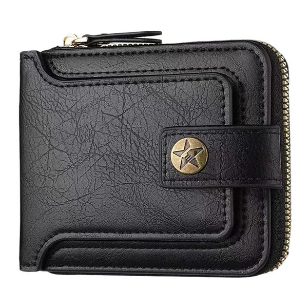 Men's Retro Trifold PU Leather Wallet, Buckle with Zipper Coin Pocket