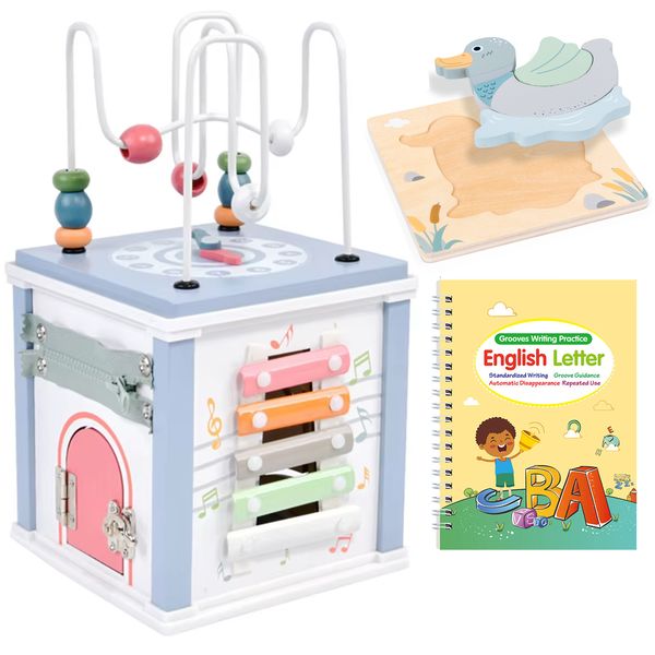 Wooden Activity Cube Educational Learning Montessori Toy Kids w Book Puzzle