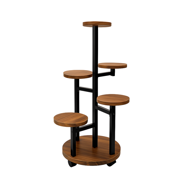 5-Tier Rolling Plant Stand with Wheels, Metal &amp; Wood Flower Rack