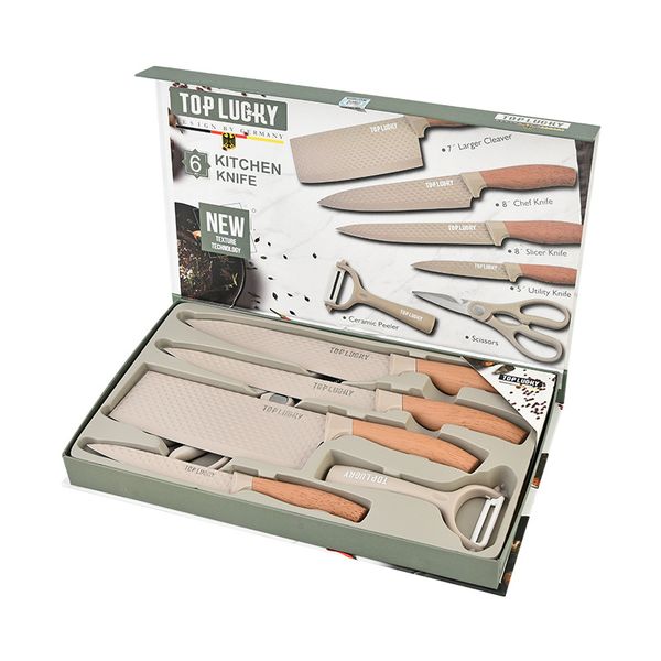 Stainless Steel Sharp Kitchen Knife &amp; Scissor Set with Wood Grain Handle